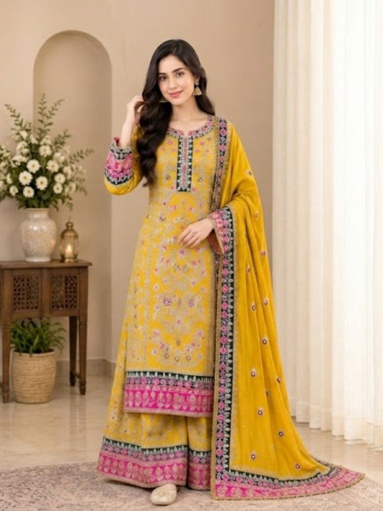 Mustrad Yellow chiffon 3-pic suit