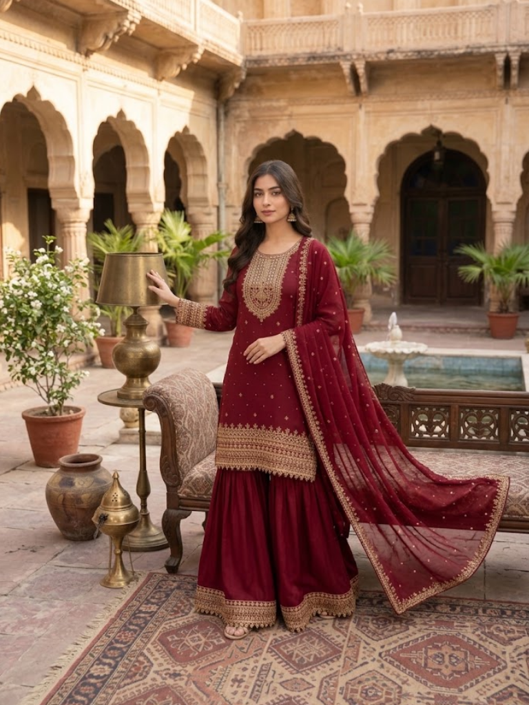 Maroon Embroidered chiffon 3-piece suit