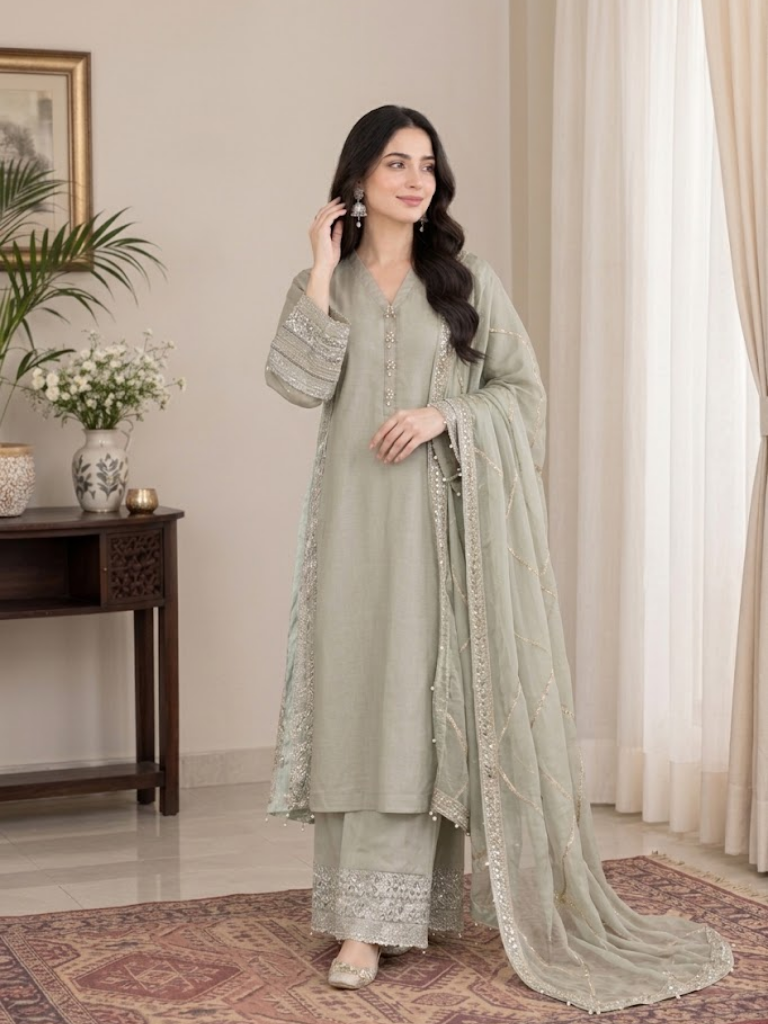 Sage Green Raw Silk suit 3-pics