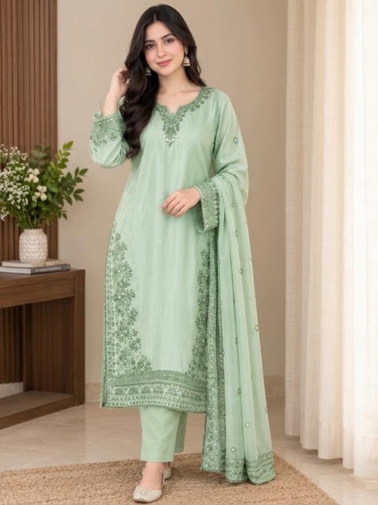 Light Mint Green silk suit 3-pics