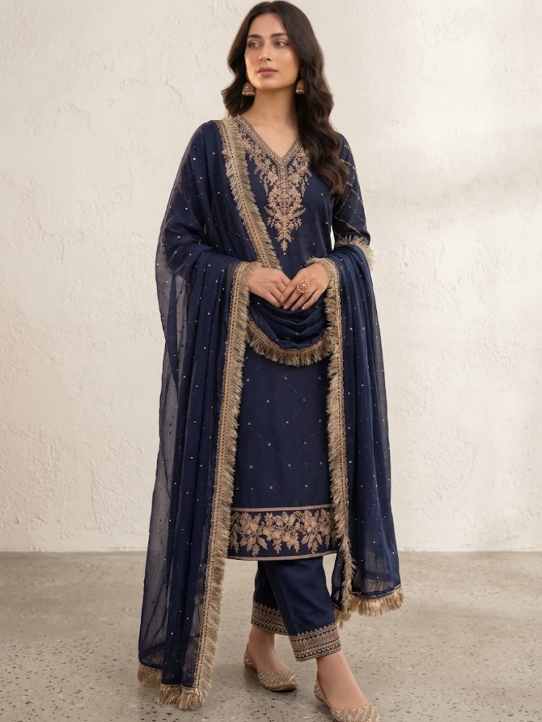 Navy Blue chiffon 3-piece suit